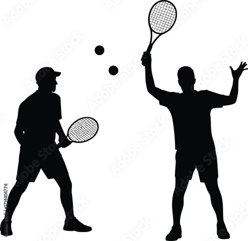 Silhouette of two tennis players holding rackets with tennis balls in motion, dynamic sports action illustration, competitive match vector design for graphics