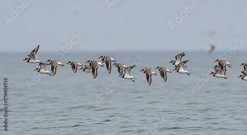 A Flock of Shorebirds in Flight Over the Ocean.