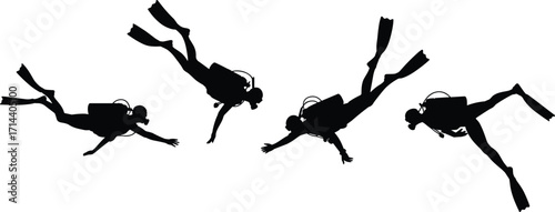 Silhouette scuba divers swimming underwater, group of people exploring ocean sea life with diving gear, fins, tanks, snorkel masks in aquatic adventure illustration