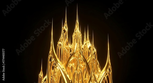 A magnificent golden fantasy castle with sharp spires against a black background.