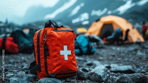 Red first aid kit on rocks at a campsite with a tent in the mountains