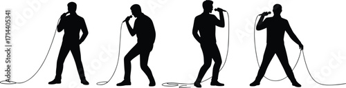 Silhouette singers holding microphone with cable, male performers singing on stage, musical concert performance, entertainment show, live vocal artist, isolated black figures