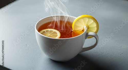 A steaming cup of tea with lemon.