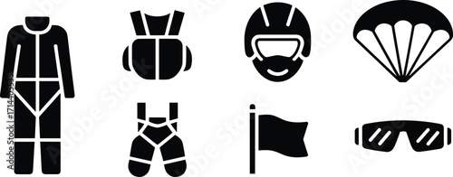 Silhouette vector illustration of skydiving and parachuting equipment including suit, helmet, parachute, harness, goggles, safety flag, adventure sport gear icons collection