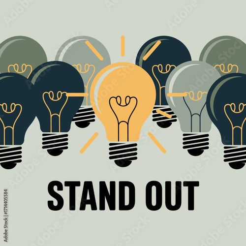 Bright glowing light bulb stands out among many dim bulbs representing innovation creativity and individuality vector