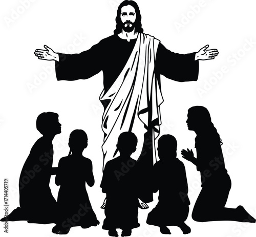 Jesus christ with children illustration vector silhouette religious christianity faith god drawing art