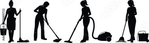 Silhouette women cleaning with mop, bucket, and vacuum, household chores illustration, domestic work concept, housekeeper service design, home maintenance and hygiene artwork