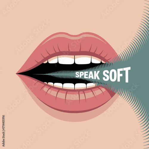 Close-up of luscious lips exhaling sound waves with 'speak soft' text emphasizing gentle communication and whispers for auditory concepts vector