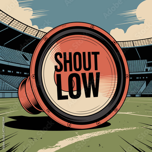 Retro loudspeaker broadcasting message shout low amidst stadium atmosphere energetic sports event announcement power sound concept vector