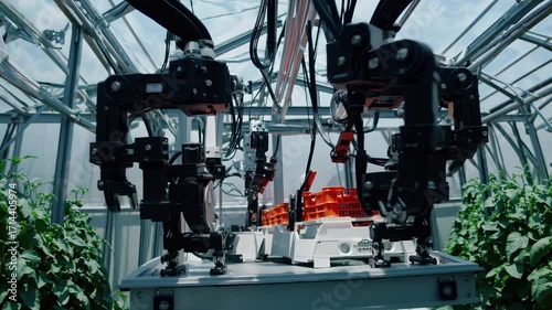 Robotic harvesters glide through a smart greenhouse, using cameras and grippers to pick ripe produce and load orange crates.