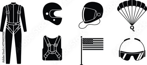 Skydiving equipment silhouette icons collection including parachute, helmet, jumpsuit, harness, goggles, and American flag, extreme sport safety gear design for adventure activities