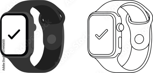 Smartwatch illustration with modern wristband design, digital screen showing check mark, wearable technology gadget vector in solid and outline drawing style