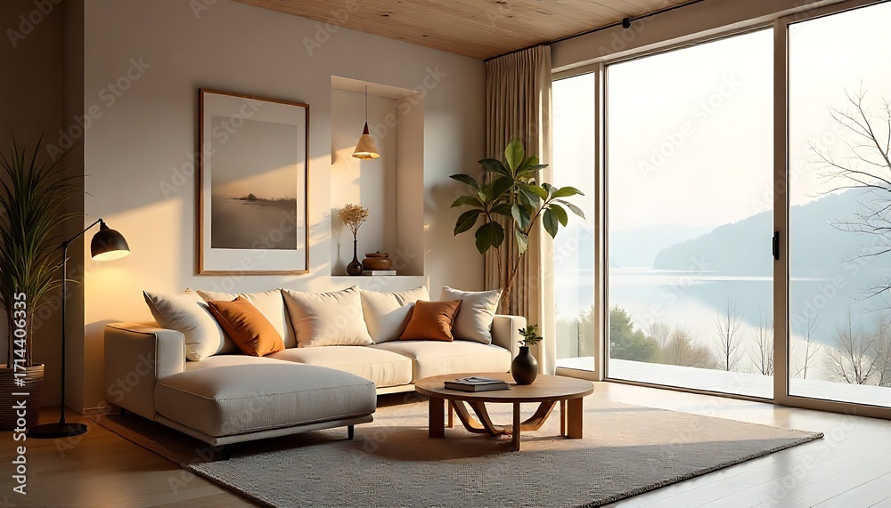 Fototapeta premium Cozy modern living room with stunning lake view creates peaceful, relaxing atmosphere