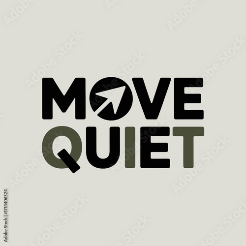Modern logo design for 'move quiet' featuring a stylized arrow and clean typography promotes stealthy movement and progress vector
