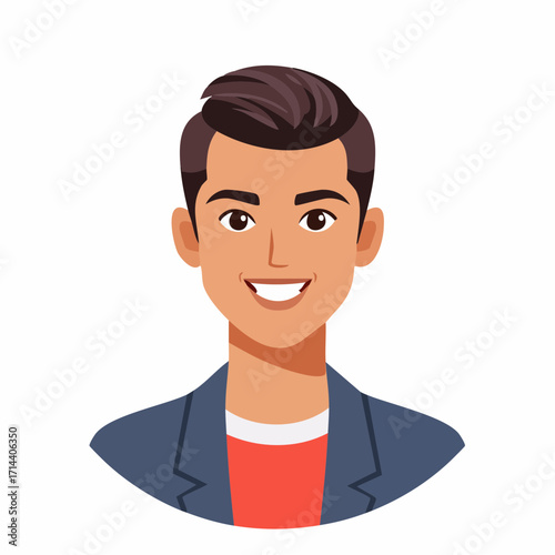 Vibrant and cheerful cartoon avatar of a young professional man with a warm smile, ideal for digital profiles, user interfaces, and online communication