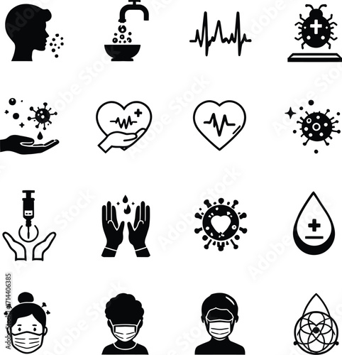 Covid prevention health care hygiene virus protection medical safety disease pandemic awareness vector icons