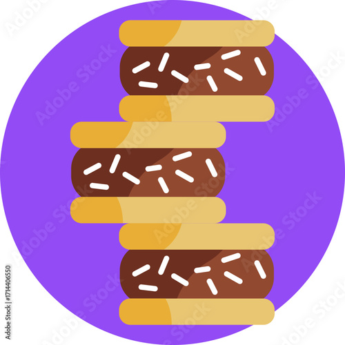 Traditional Argentine sweet made of two cookies filled with dulce de leche, often coated in chocolate or powdered sugar.