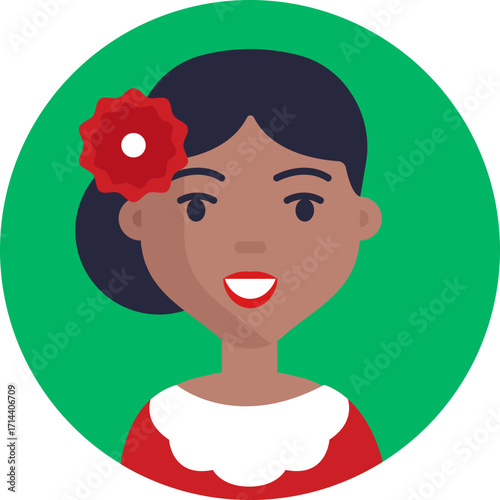 A woman wearing a red flower in her hair, symbolizing Argentine culture and style.