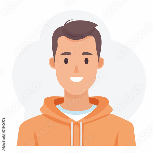 Portrait of a smiling young man in a bright orange hoodie, a friendly face avatar for social media or business profile. Vector character illustration