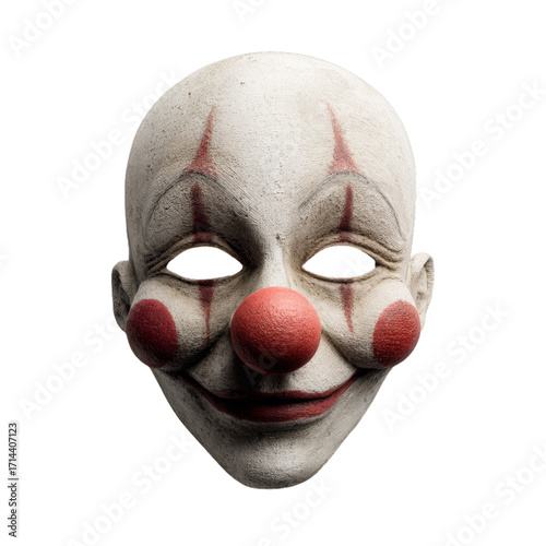 Creepy clown mask with red nose. Isolated white background. Png format