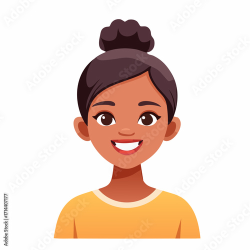 Bright and cheerful cartoon illustration of a smiling young woman with a warm and inviting expression, showcasing positivity and approachability for diverse digital media