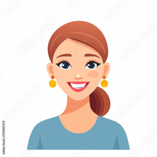 Beautiful young smiling woman with brown hair and earrings, a happy friendly female character portrait avatar for business or web profile
