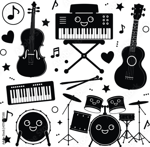Musical instruments vector illustration with piano guitar drums violin and ukulele design element 100