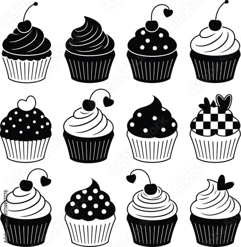 Black and white cupcake vector illustration set for design element and decorative baking sweet treats