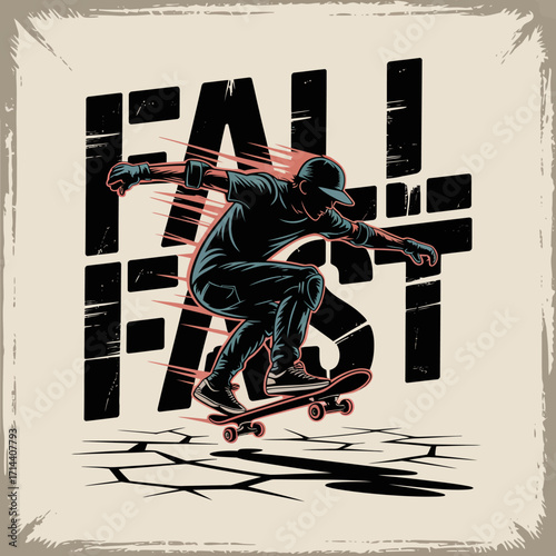Dynamic skateboarder action silhouette with "fall fast" text effect capturing extreme sport energy for apparel and poster design vector