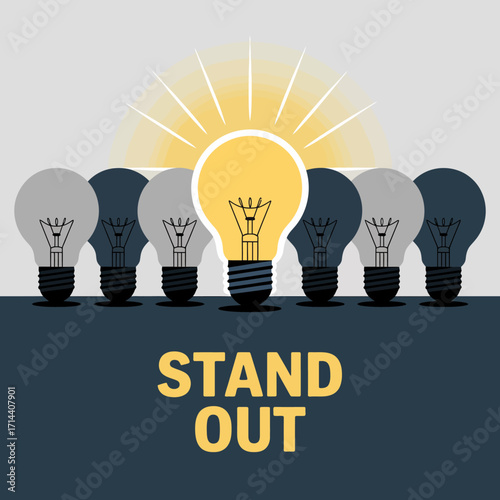 Bright idea concept symbolizing innovation and standing out from the crowd with a lit lightbulb leading vector