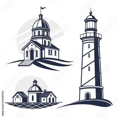 Nautical vector set with lighthouse, chapel and houses marine buildings collection sea travel and tourism concept summer vacation design elements