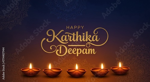 Glowing earthen oil lamps in a row for the Hindu festival of lights celebration, Karthigai Deepam, on a dark ornate background