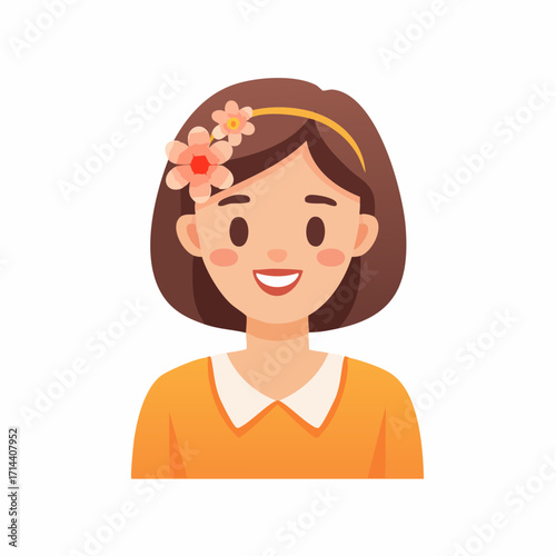Charming cartoon portrait of a happy young woman with a floral headband, a cheerful female avatar illustration representing joy and positivity