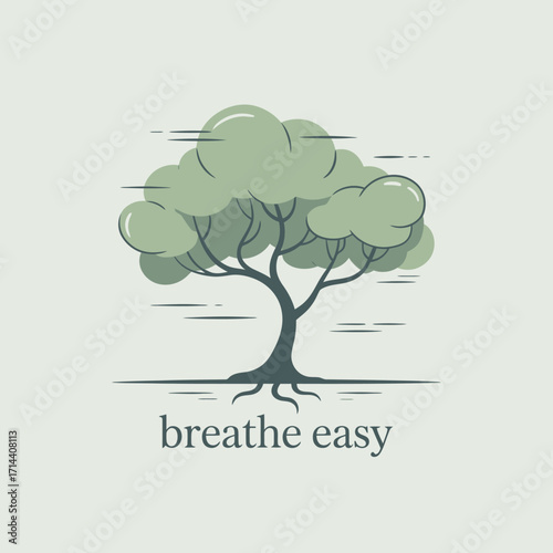 Peaceful tree symbolizing growth tranquility and nature's serenity breathe easy text below simple design for wellness and eco-friendly brands vector
