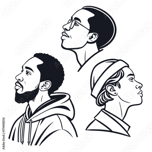 Three diverse men looking up the men are of different ethnicities and have different hairstyles black and white vector illustration
