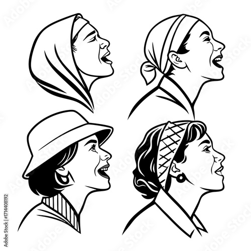 Four women looking up the women are of different ethnicities and have different hairstyles black and white vector illustration