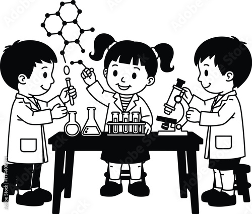 Children doing science experiments in lab with microscope and test tubes vector illustration design