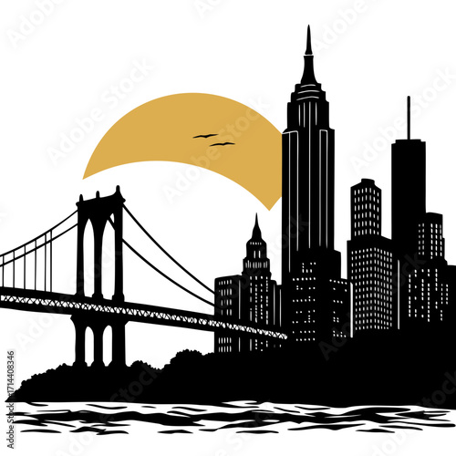 Striking vector illustration of the new york city skyline at sunset, featuring iconic buildings and a bridge, ideal for travelrelated designs