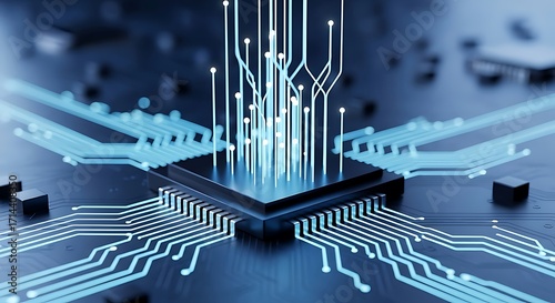 Glowing Blue Circuit Board Technology with Central Processor and Data Streams