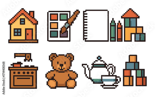 Home and toy silhouette icon set. featuring house, art supplies, notebook, blocks, doll, stove, teddy bear, teapot