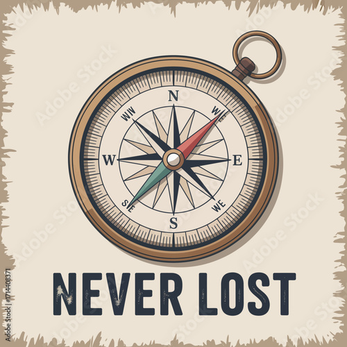 Vintage compass rose with 'never lost' text navigational tool for exploration adventure guidance and directional finding vector