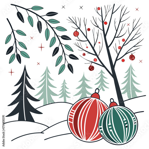 Whimsical winter wonderland scene with festive christmas ornaments and stylized evergreen trees in a snowy landscape