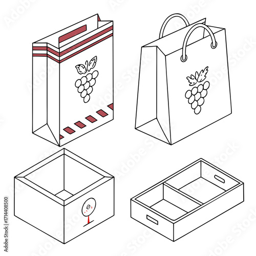 Isometric outline illustration of paper bags and boxes with grape designs, ideal for wine, juice, and fruit packaging, branding, and presentation