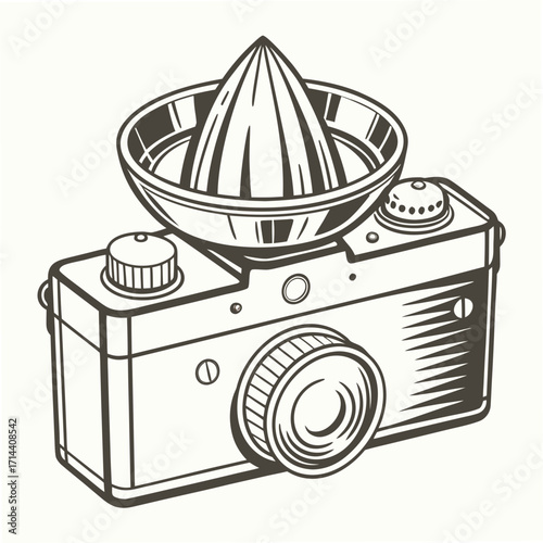 A vintage camera topped with a citrus juicer, the illustration combines photography and fresh juice in a unique and creative way