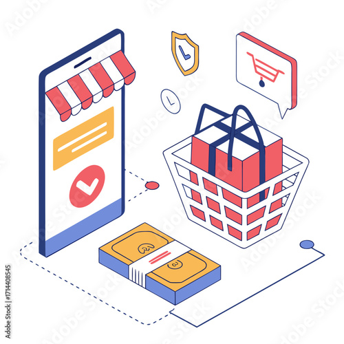 Online shopping concept with a smartphone displaying a storefront and checkmark shopping basket with a gift stack of money and security shield icon