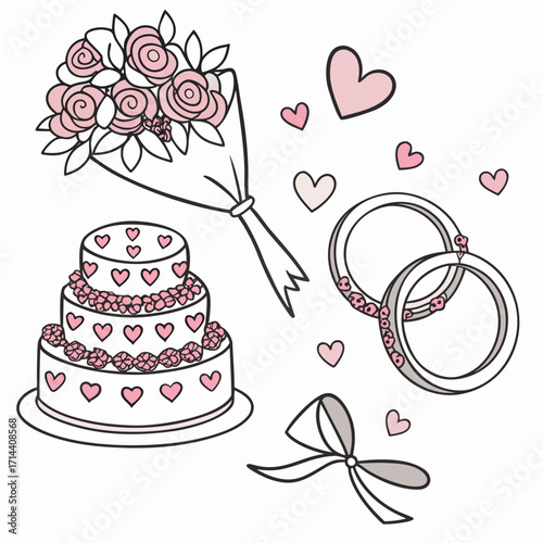 A charming collection of wedding elements including a tiered cake a bouquet of pink roses intertwined rings and hearts perfect for invitations and decorations