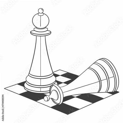 Illustration of a standing bishop chess piece next to a fallen queen on a chessboard, creating a sense of strategy and defeat in a minimalist style