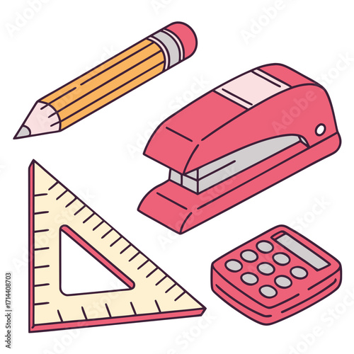 A collection of essential school supplies including a yellow pencil red stapler yellow triangle ruler and red calculator arranged on a white background