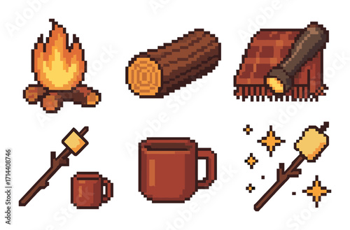 Camping essentials silhouette icon set. featuring campfire, log, blanket, flashlight, marshmallow, and mug symbols