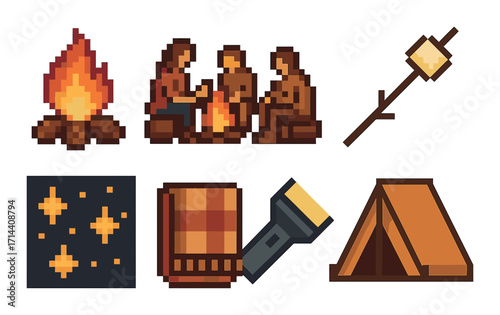 Camping linear icon set. featuring campfire, tent, marshmallow, flashlight, blanket, stars symbols